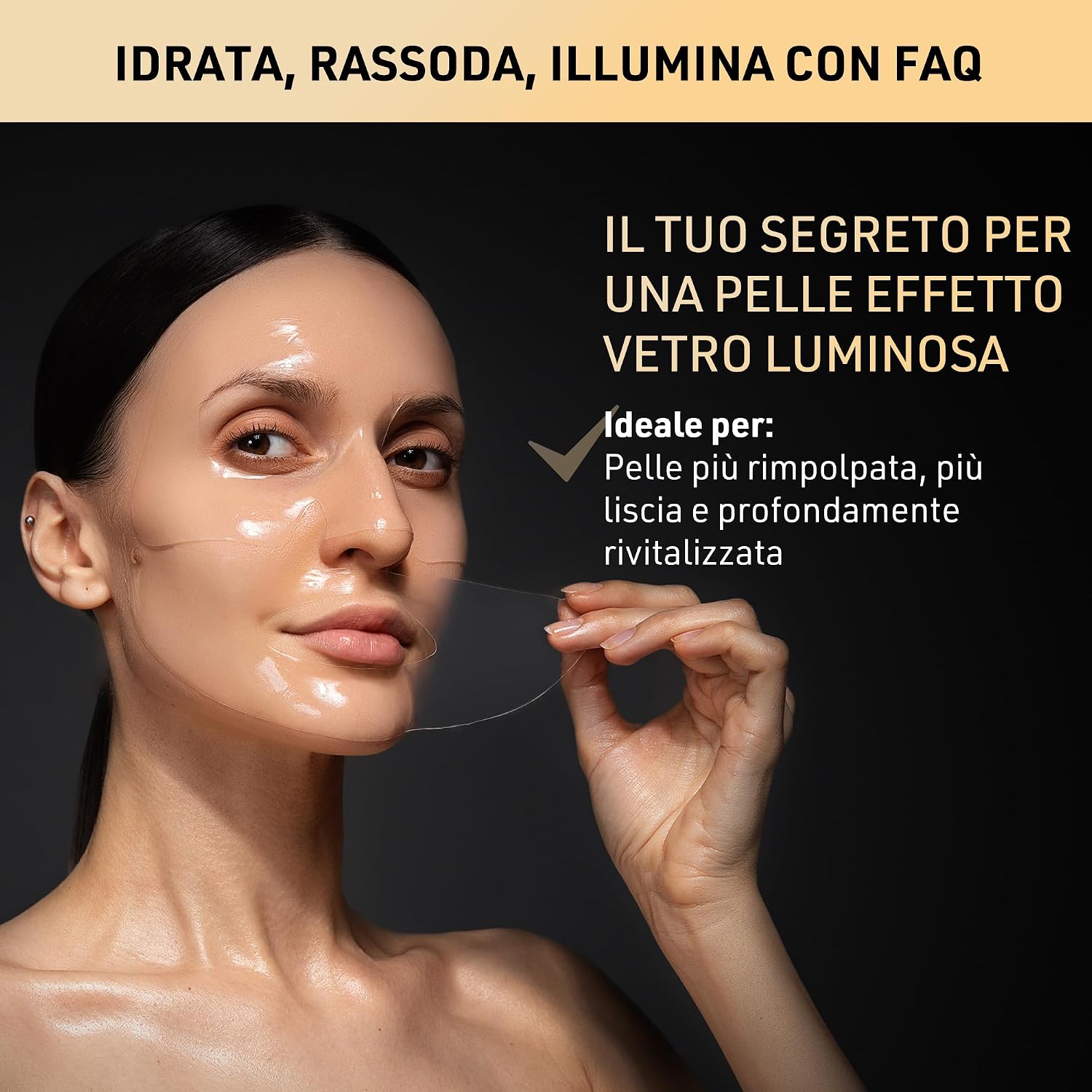 Detalle de FAQ Glass Skin Collagen Mask – Maschera viso con collagene, acido ialuronico puro e idrogel illuminante (5 pezzi)