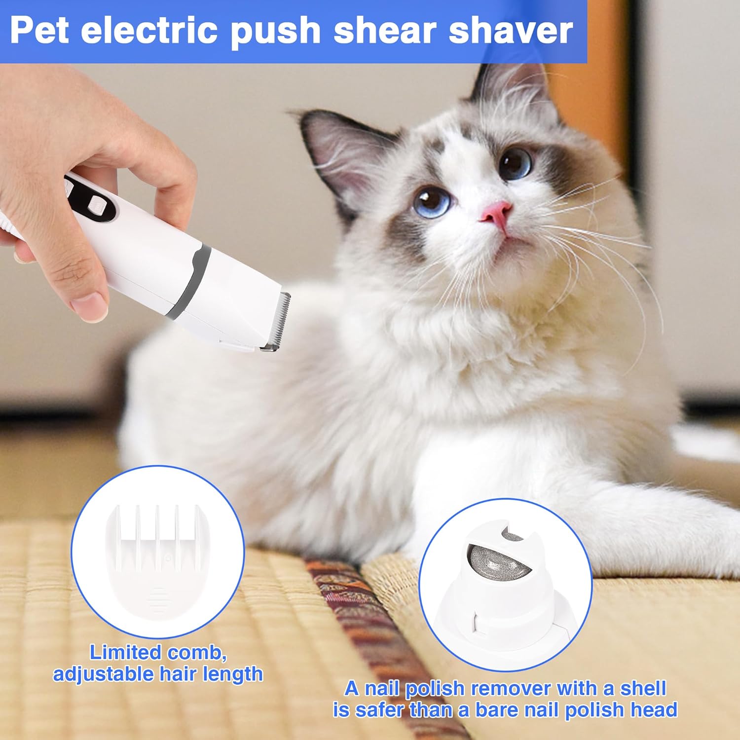 Detalle de BreeyPaws 4 in 1 Cat Clippers Paw Trimmer Grooming Kit: 4 Attachments for Smoother, Quieter Pet Grooming