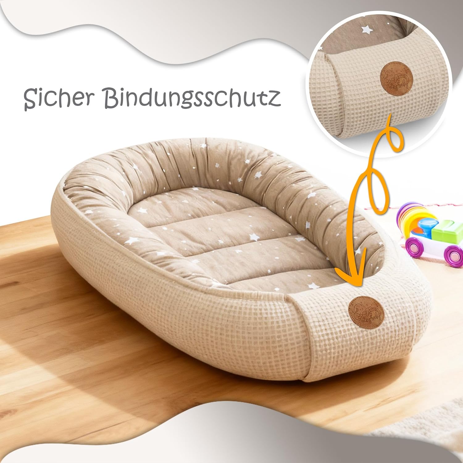 Thumbnail 3 de Riduttore lettino neonato 50x90 cm baby nest antisoffoco Beige con stelle bianche