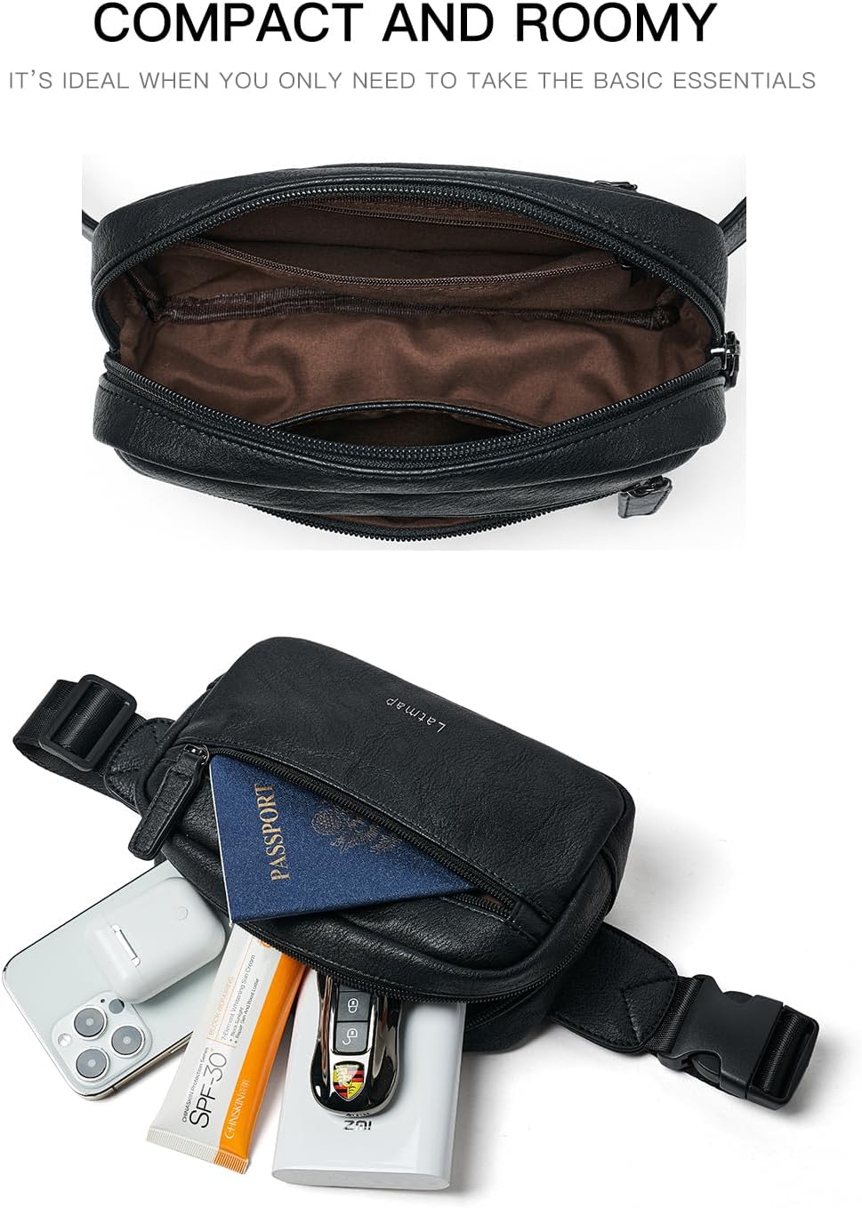 Detalle de LATMAP 2L Bumbag Fanny Pack: Vegan Leather, Water-Resistant Belt Bag in Black