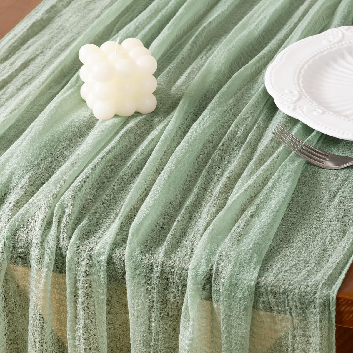 Thumbnail 3 de Socomi Sage Green Cheesecloth Table Runner 120in