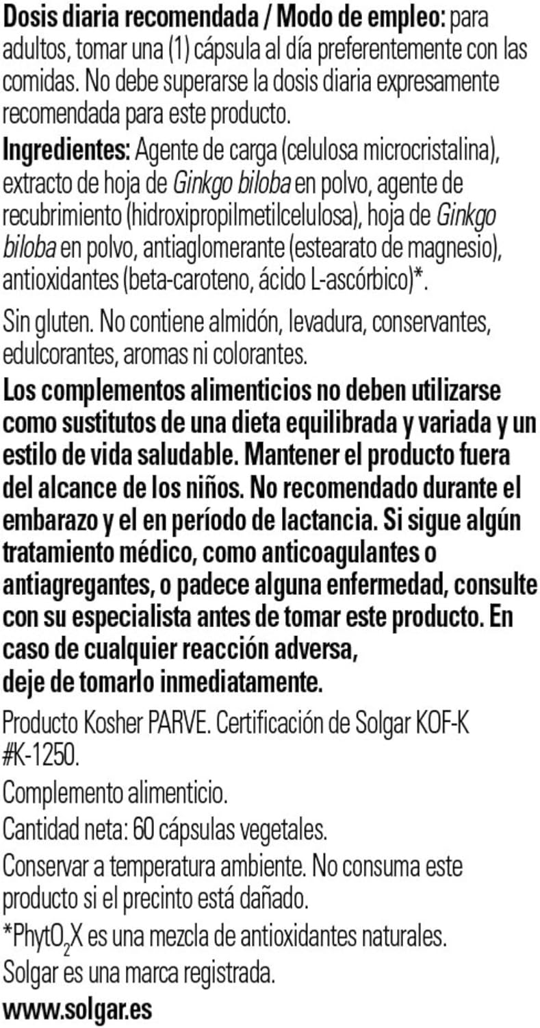 Detalle 2 de Solgar | Ginkgo Biloba Extracto 60 Cápsulas