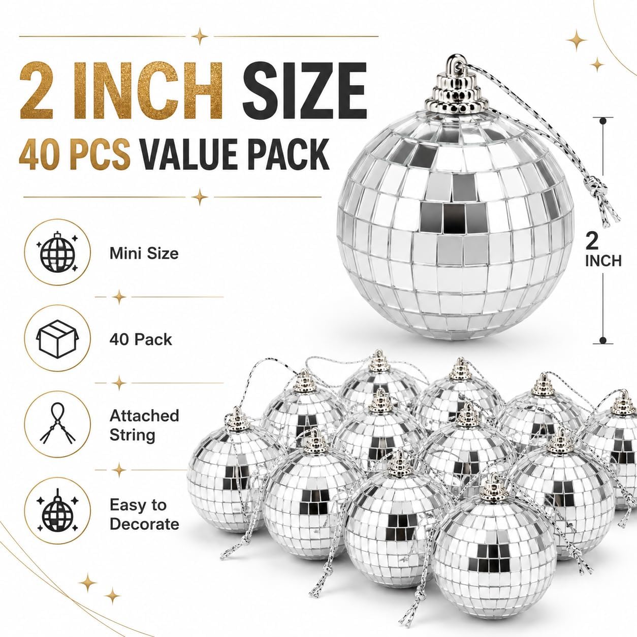 Detalle de YD Youdepot 40-Pack 2-Inch Silver Mirror Disco Ball Ornaments