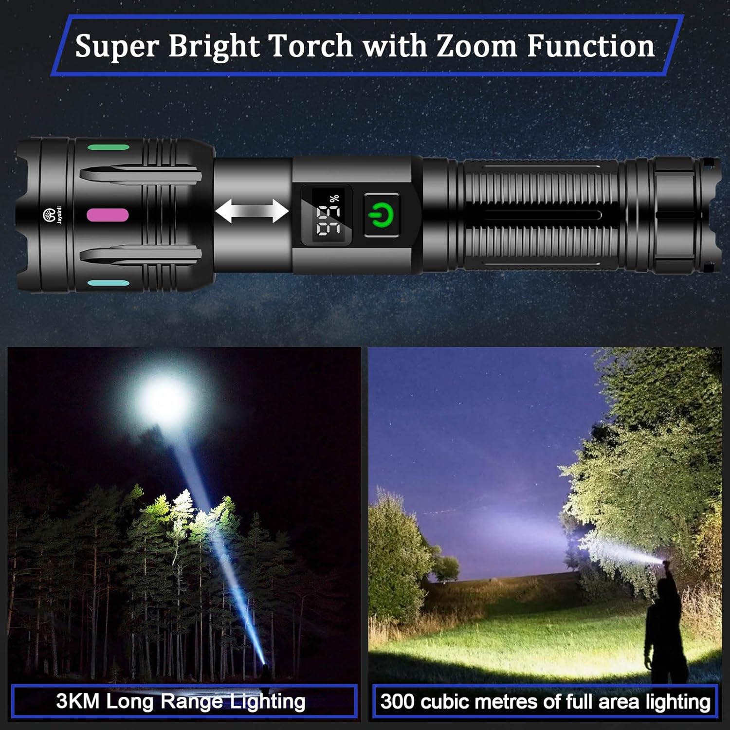 Detalle 2 de Jayxinli LED Torch 500000 Lumen with Zoomable Beam đŠ