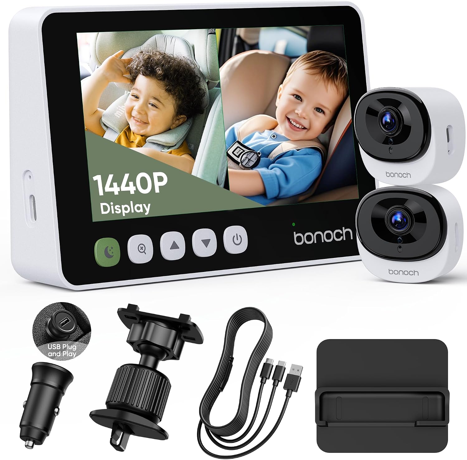 Detalle de bonoch BCM01 5-Inch Baby Car Camera for Two Kids, 1440p Split-Screen