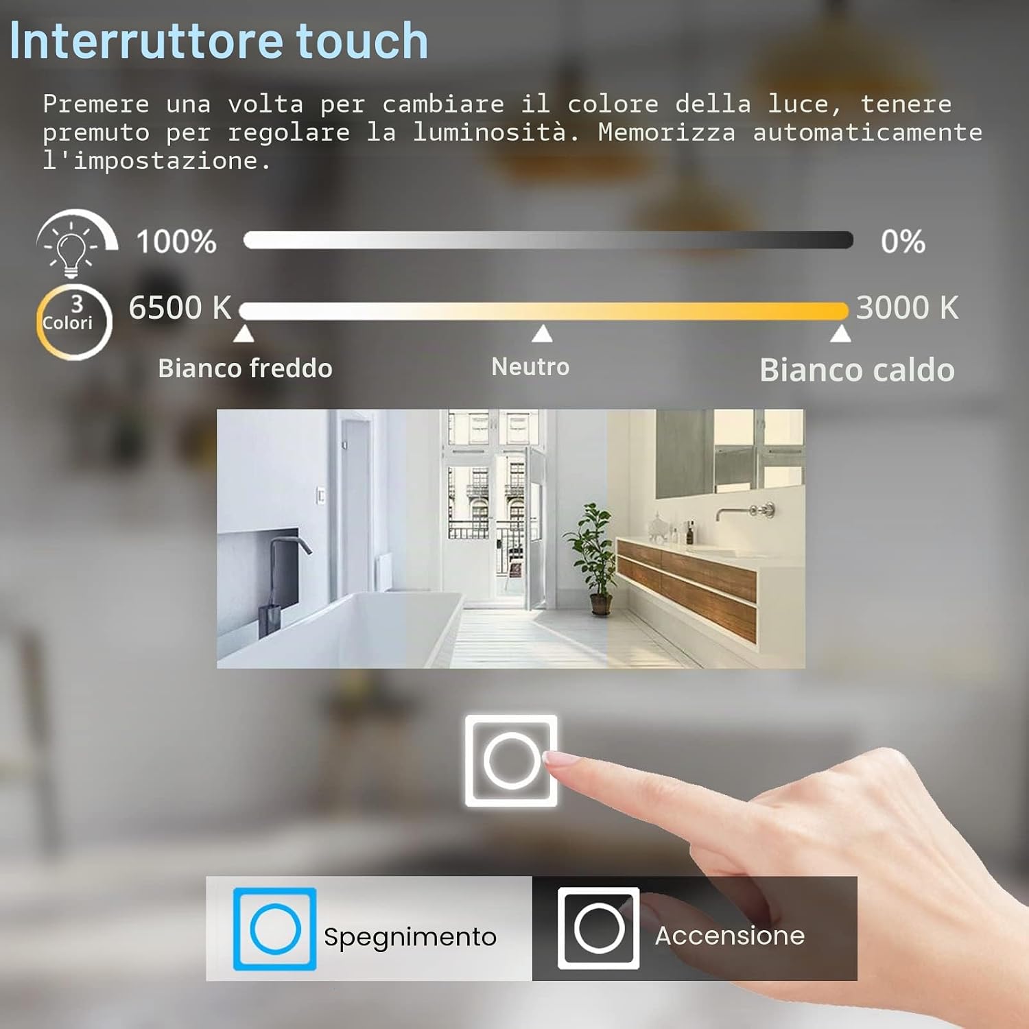Thumbnail 2 de MIQU Specchio da bagno LED 80x60 cm con touch, luce dimmerabile e antiappannamento