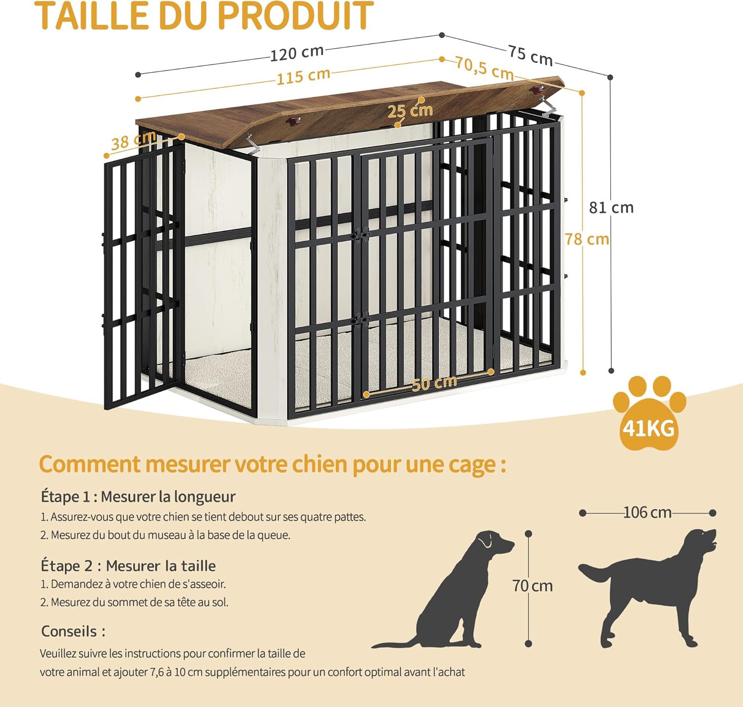 Detalle de Hzuaneri Cage pour Chien en Bois Heavy Cage avec Porte d’alimentation supérieure et design multi-portes – 120 x 75 x 81 cm