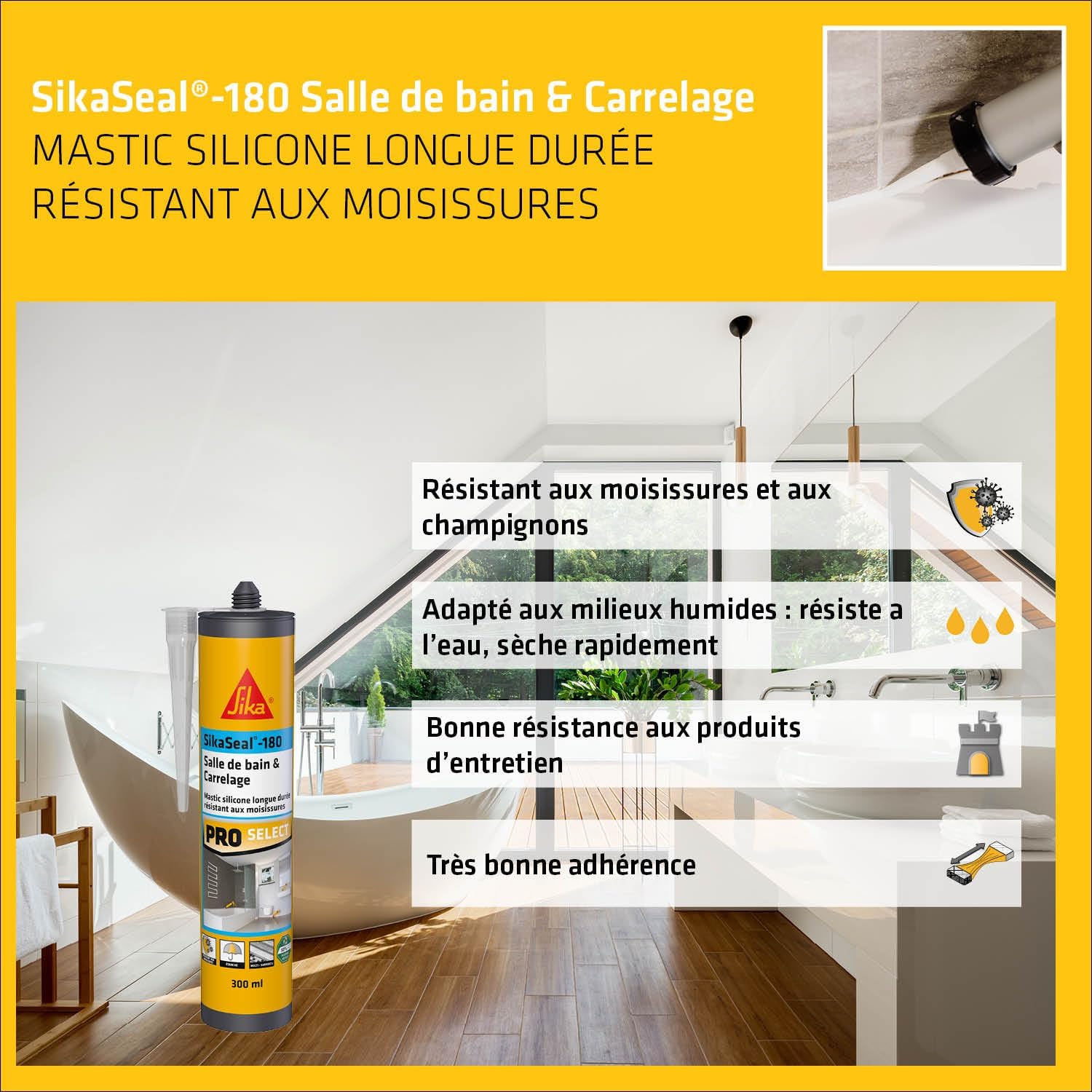 Thumbnail 3 de SikaSeal-180 Mastic Silicone Sanitaire pour Salle de Bain et Carrelage – Blanc/Noir Transparent, 300 ml