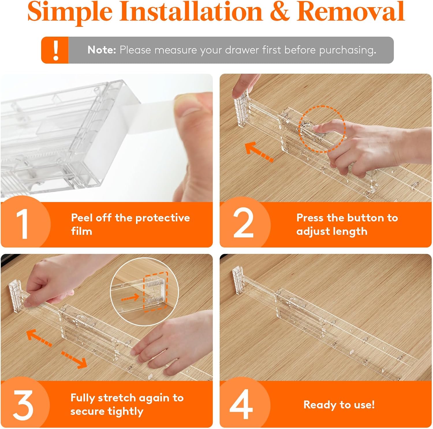 Detalle 2 de Lifewit 4 Pack Adjustable Kitchen Drawer Dividers, Clear, 16–22