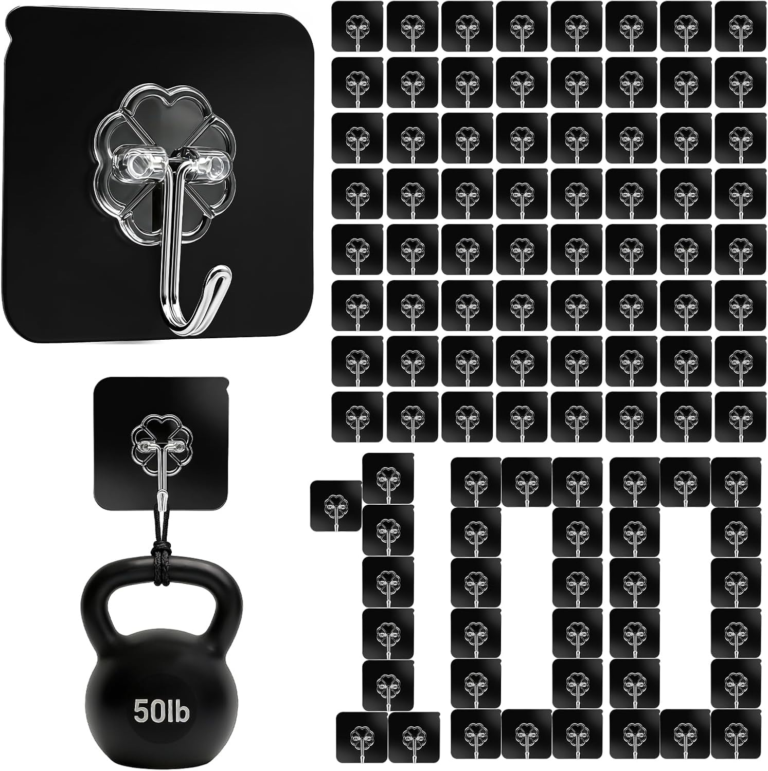 Thumbnail 5 de Adhesive Wall Hooks (50 lb) Heavy-Duty Clear Hooks, Stainless Steel + PVC, 10-Pack