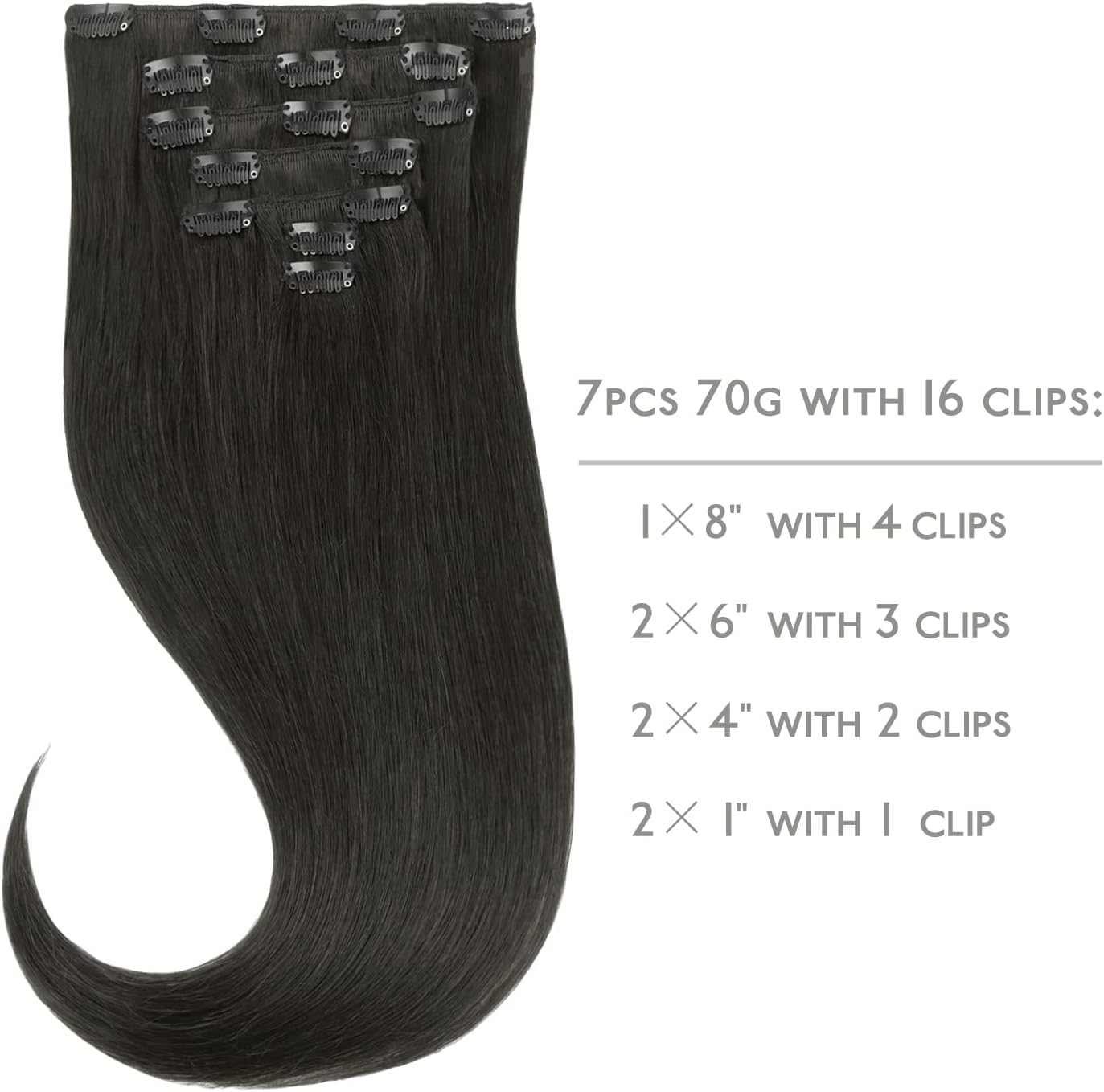 Detalle 2 de WENNALIFE Extension a clip di capelli veri Remy vergini doppia ciocca 55,9 cm, nero naturale