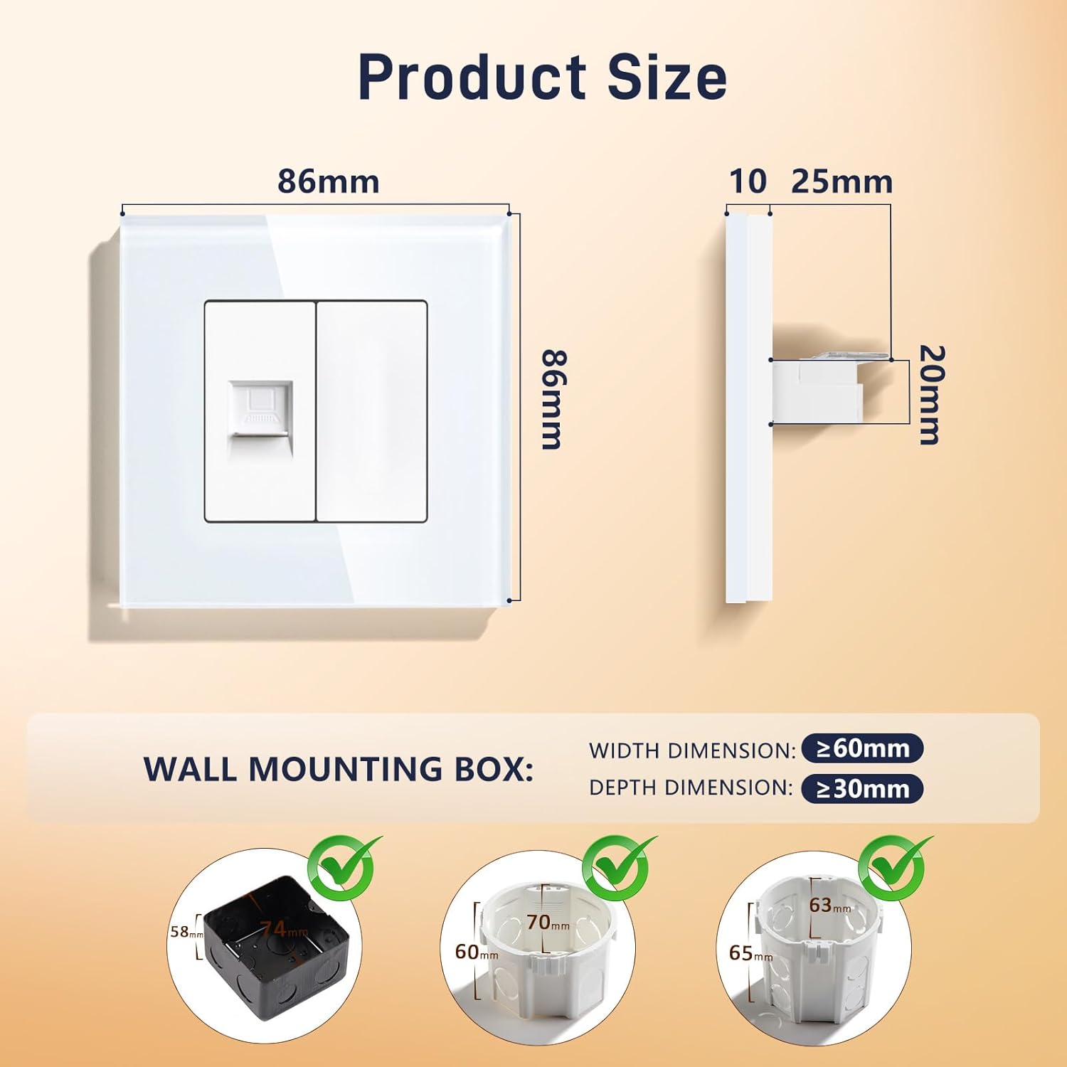 Thumbnail 2 de BSEED Wandsteckdose EU Standard 1/2 PC RJ45-Cat5 Ethernet-Buchse – Unterputz LAN-Dose mit Kristallglasplatte (Weiß, 86 mm)