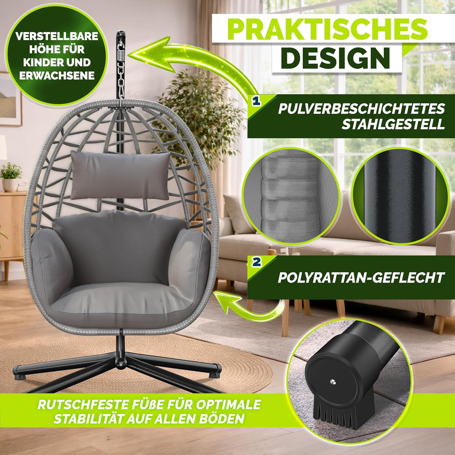 Thumbnail 4 de tillvex® Hängesessel mit Gestell – wetterfester Egg Chair aus Rattan, 150 kg Last, inkl. Abdeckung