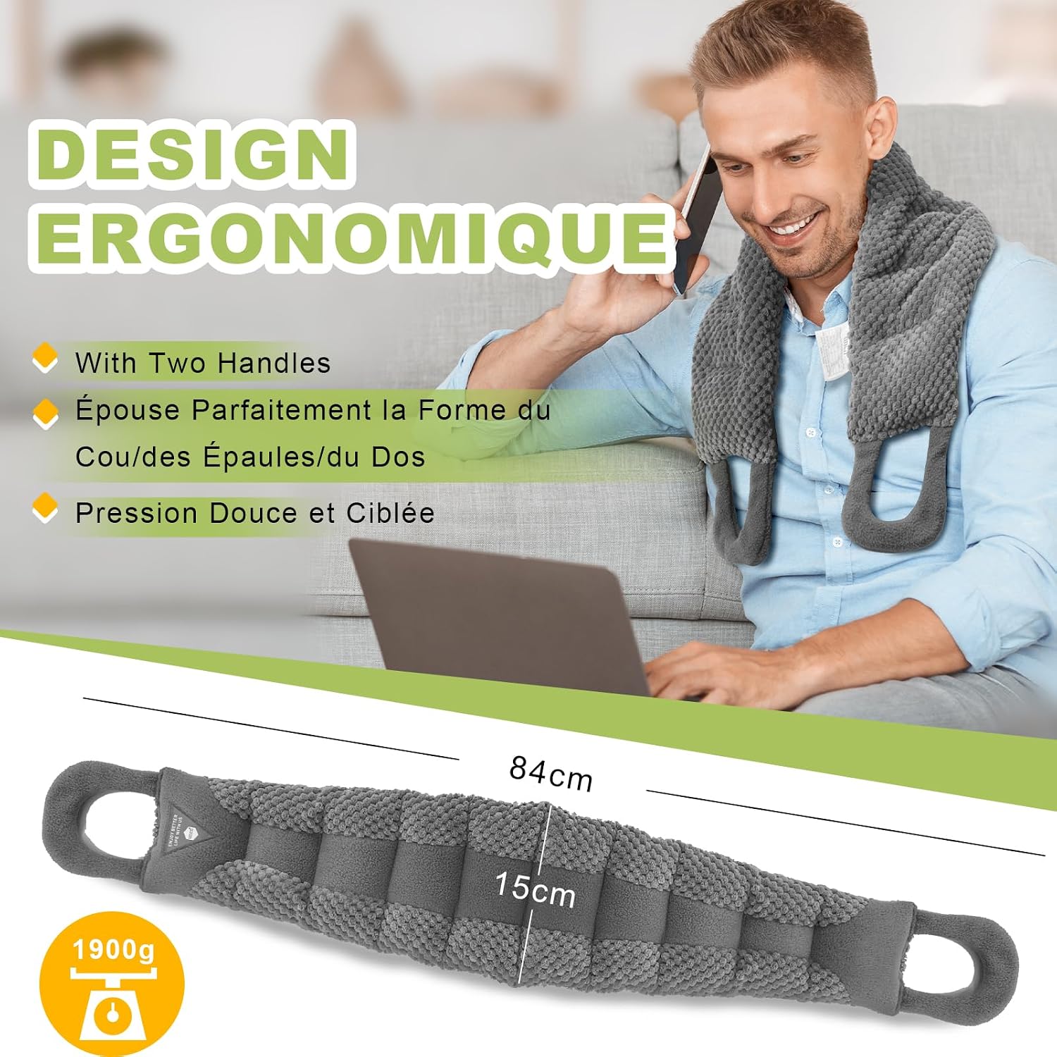 Detalle 2 de uncn Coussin chauffant cervical longue bouillotte micro-ondes pour nuque, épaules et dos