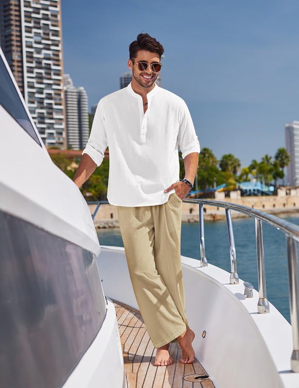 Detalle de COOFANDY Men’s 2-Piece Cotton Linen Henley & Beach Pants Set