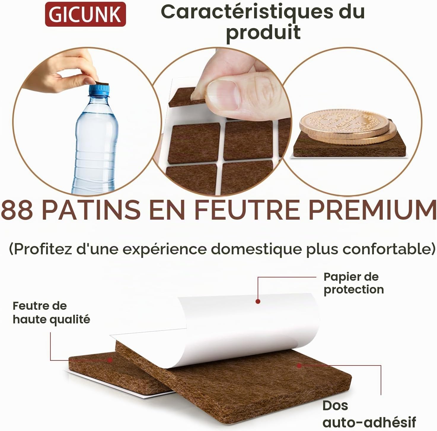 Detalle de GICUNK D01 vilten meubelglijders, 88 stuks, 4 mm, bruin en zelfklevend