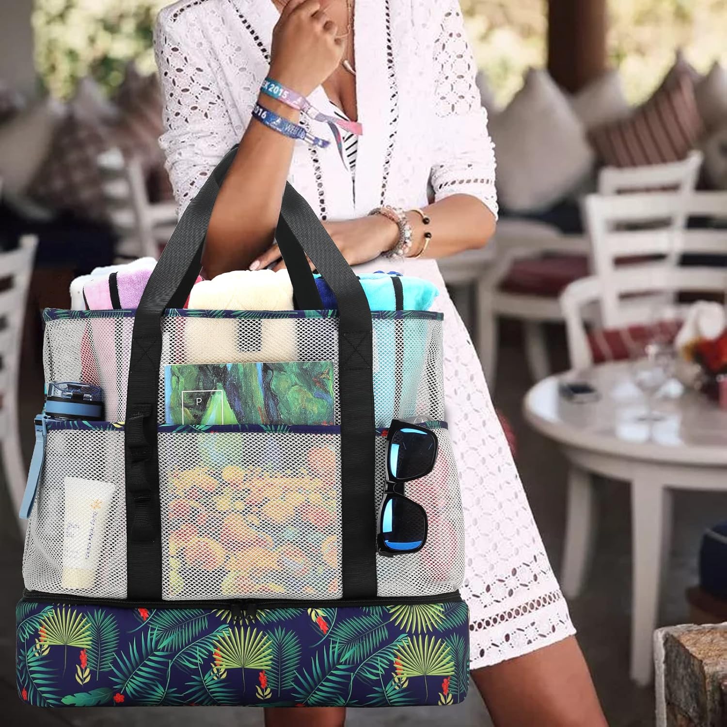 Thumbnail 2 de UYLIA Large Tote Mesh Beach Bag with Cooler – Robust, Foldable & Spacious (8 Pockets) for Beach, Pool and Travel