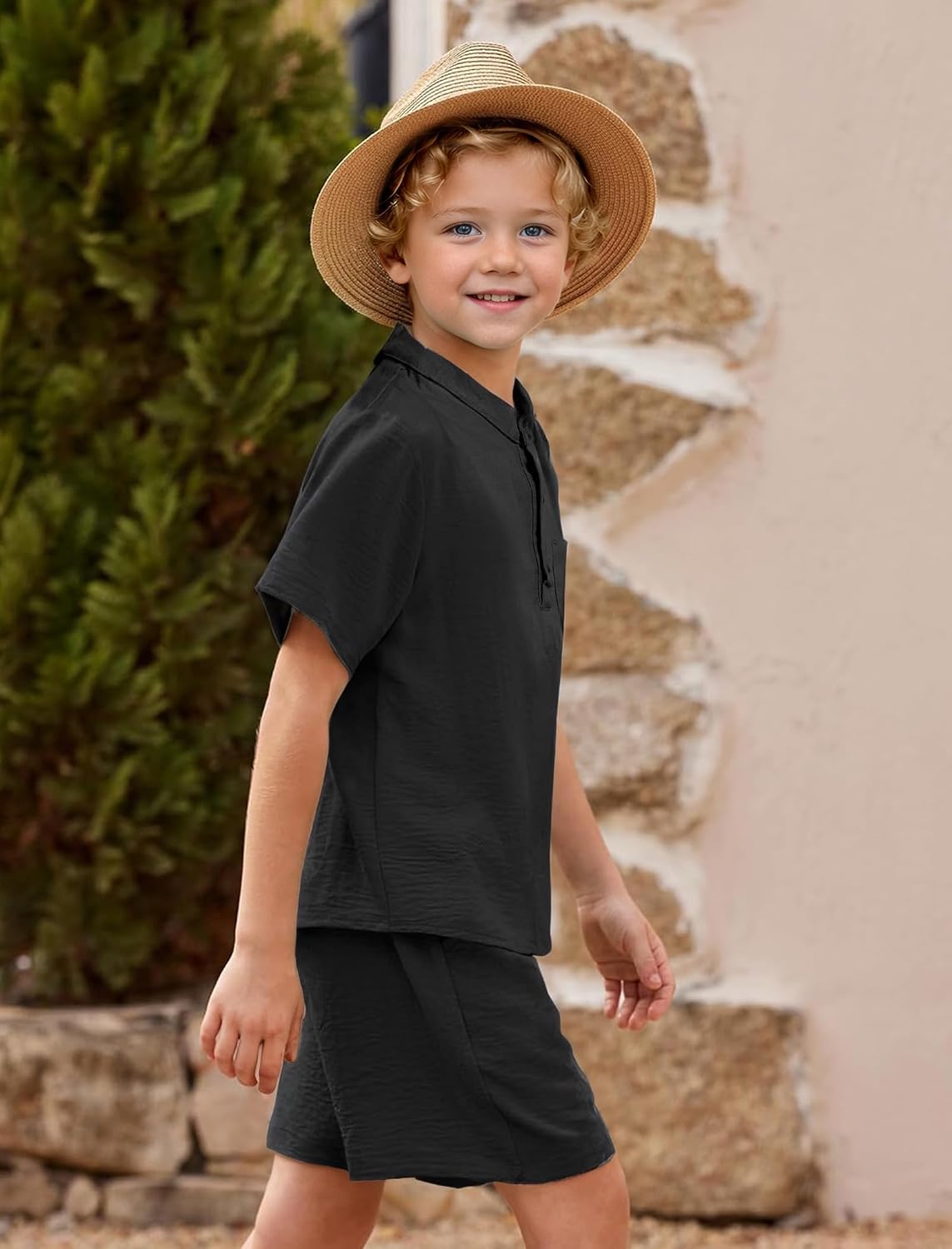 Detalle de JiAmy Boys Clothing 2 Piece Set: Henley Top and Shorts Kit for 5–14 Years