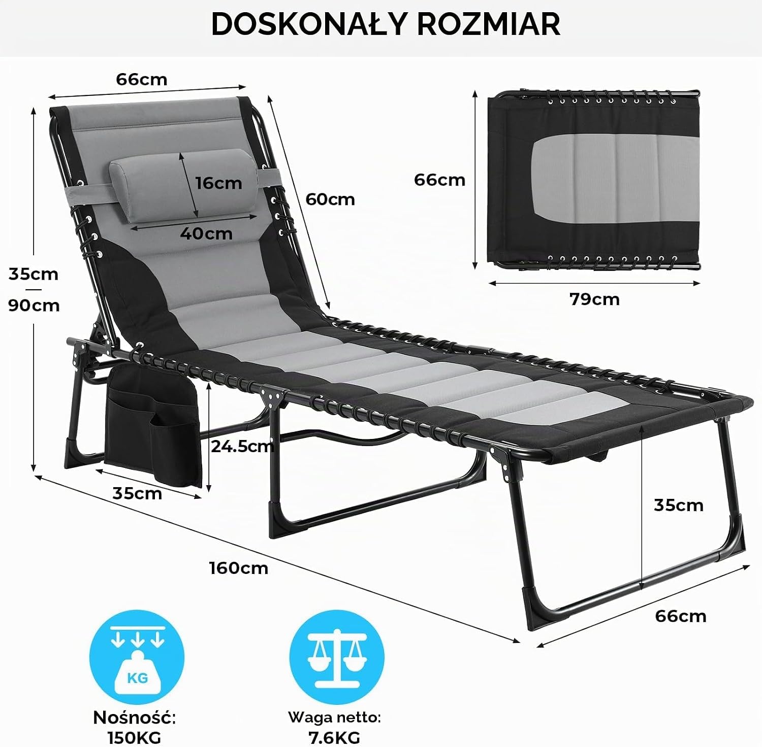 Detalle de LIFERUN HQB-TC-XLM1 leżak składany 199 × 66 cm, regulacja oparcia, do 150 kg