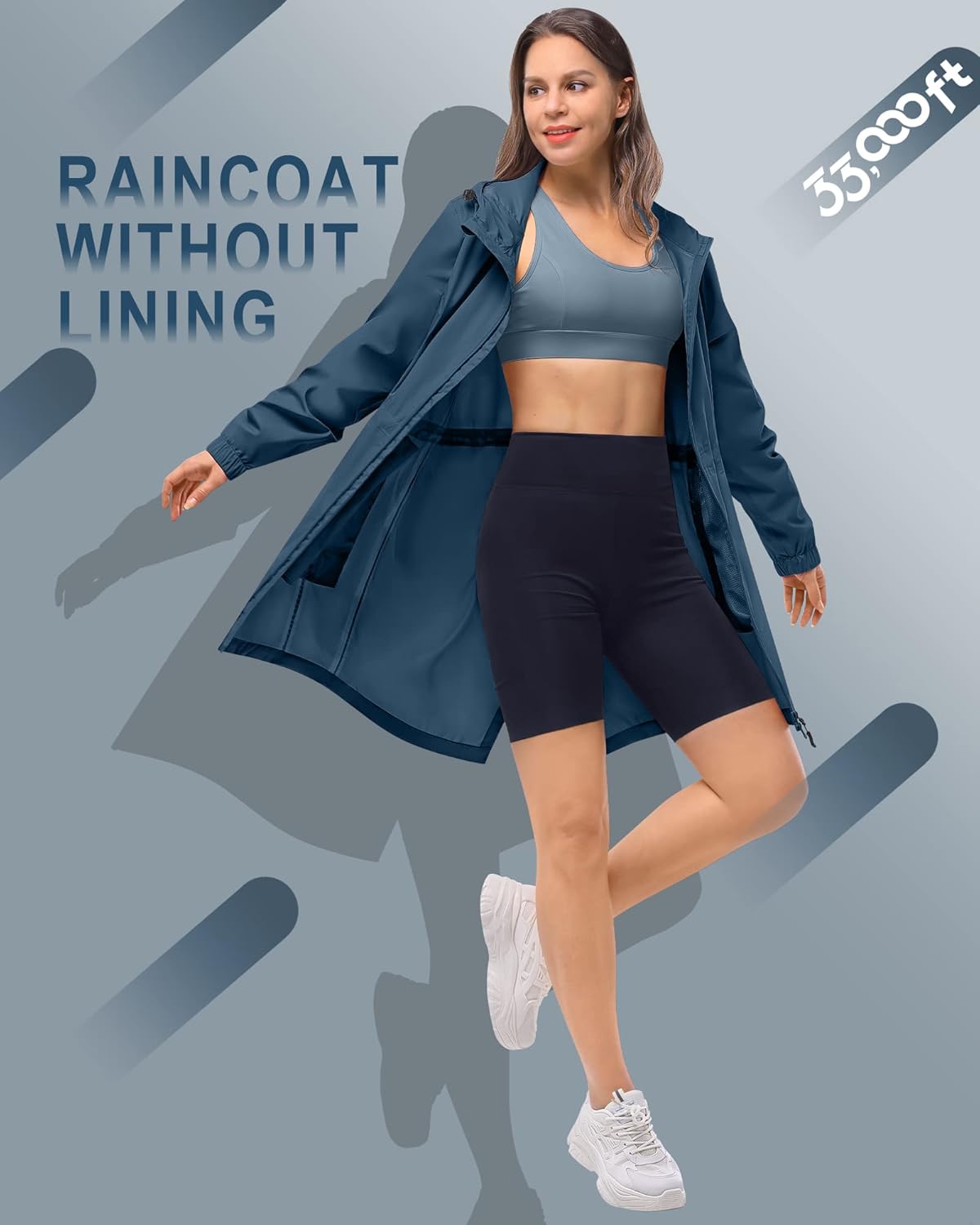 Thumbnail 2 de 33,000ft Women’s Lightweight Hooded Rain Jacket – Waterproof Packable Long Rain Coat