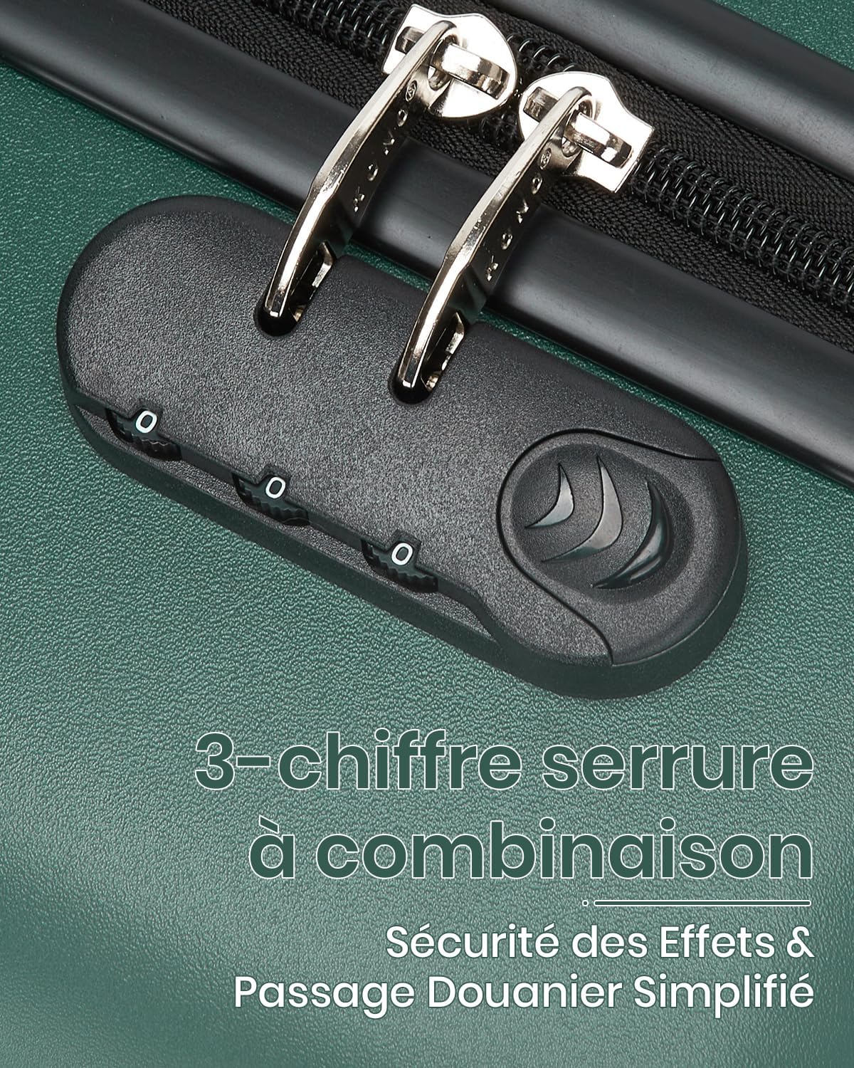 Detalle de Kono Valise Soute 66,5 × 45,5 × 25 cm – 61 L, ABS+PC, Roues silencieuses 360°, Serrure extérieure – Vert/Noir