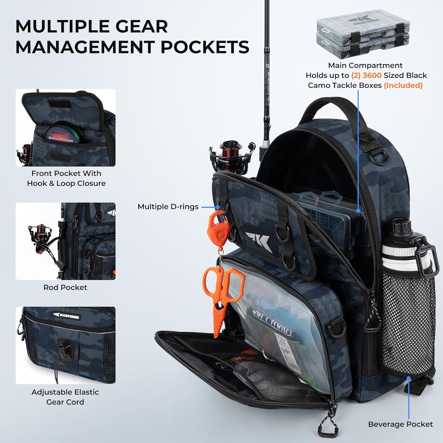 Detalle de KastKing BaitSpace Fishing Sling Bag with Rod & Beverage Holder