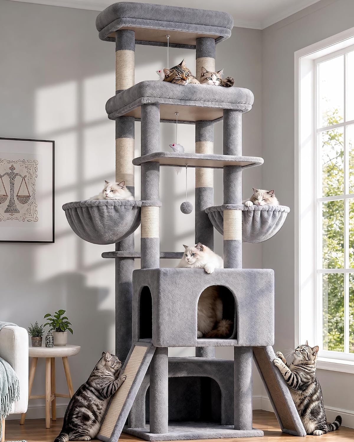 Detalle de Globlazer Z78 Cat Tree for Large Cats, 78.35-Inch, 7 Levels, Light Gray