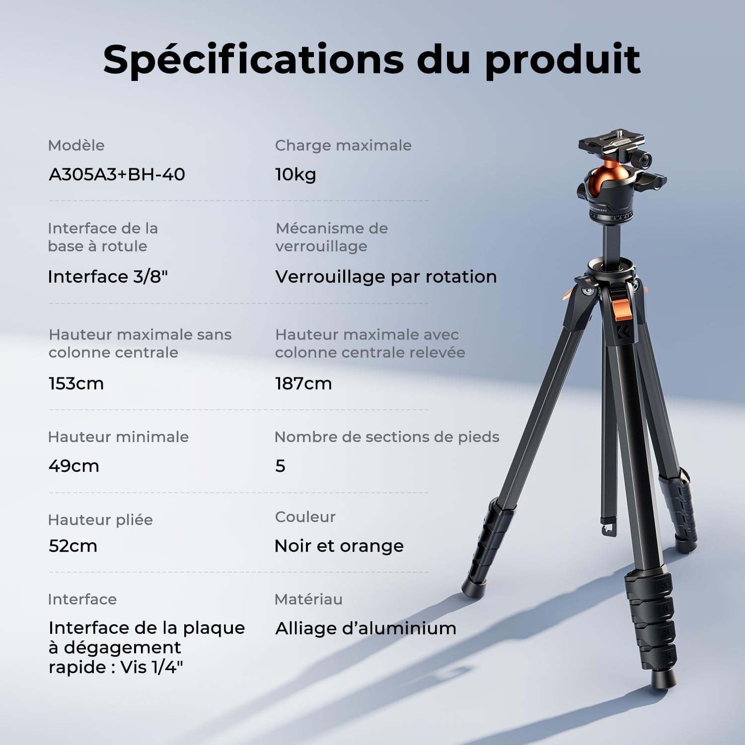 Thumbnail 6 de Trépied pour appareil photo et smartphone 187 cm en aluminium avec support mobile et tablette, charge max 10 kg