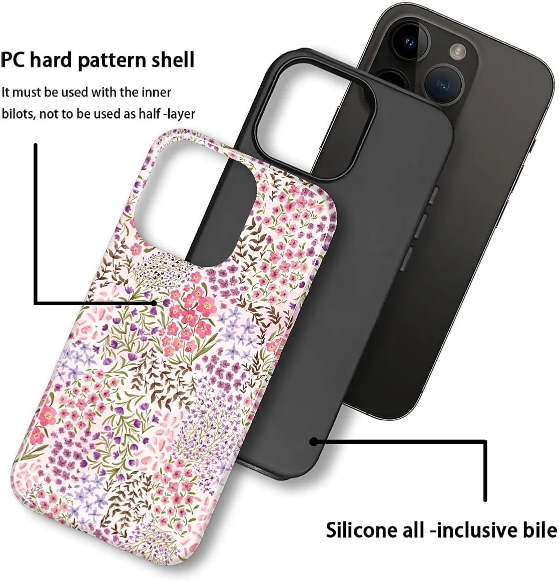 Thumbnail 2 de Yesad iPhone 15 Plus Case, Dual-Layer TPU and PC, Pink Flowers Garden