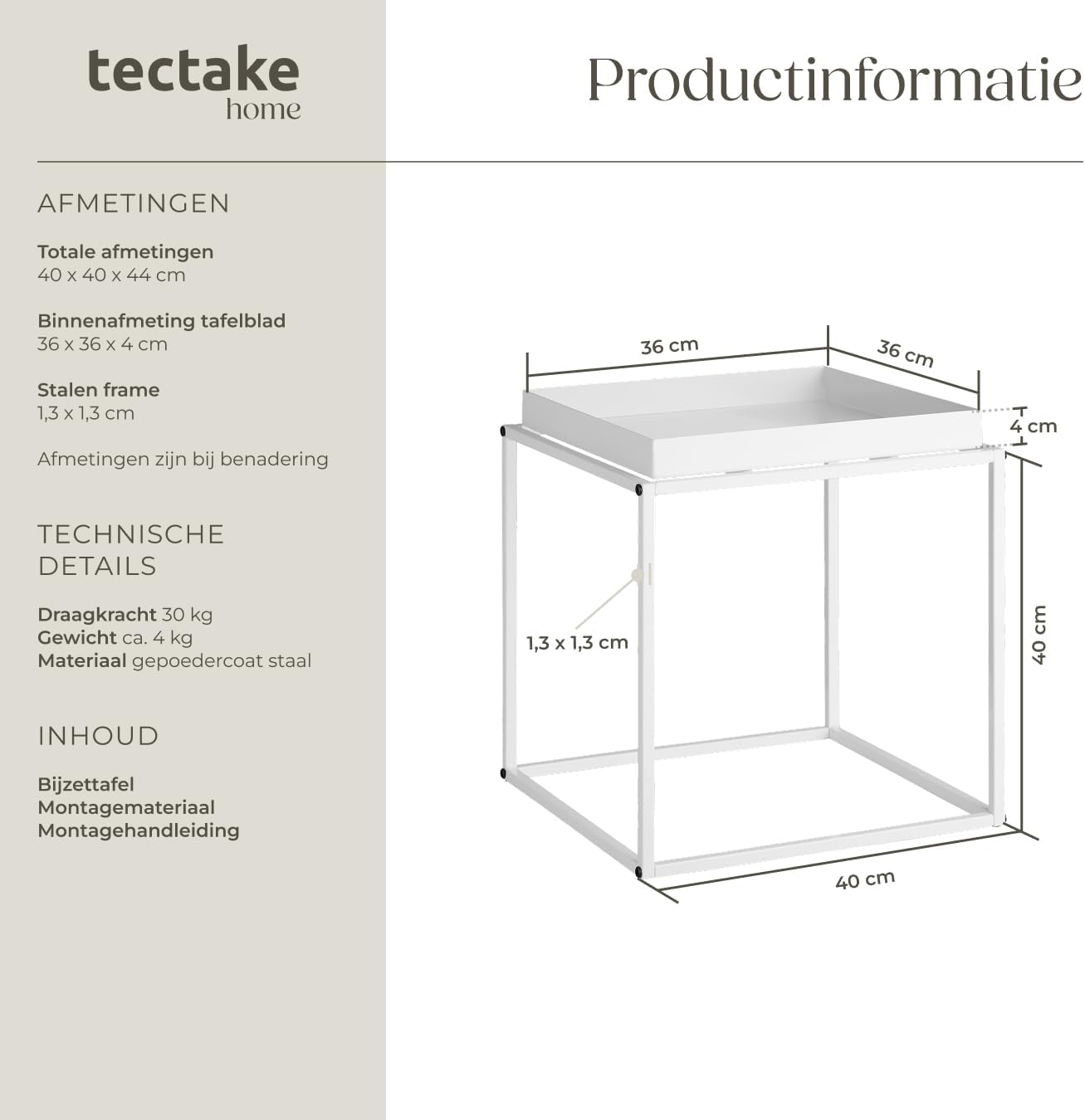 Detalle de tectake Cambridge 404183 bijzettafel van metaal, stapelbaar, wit
