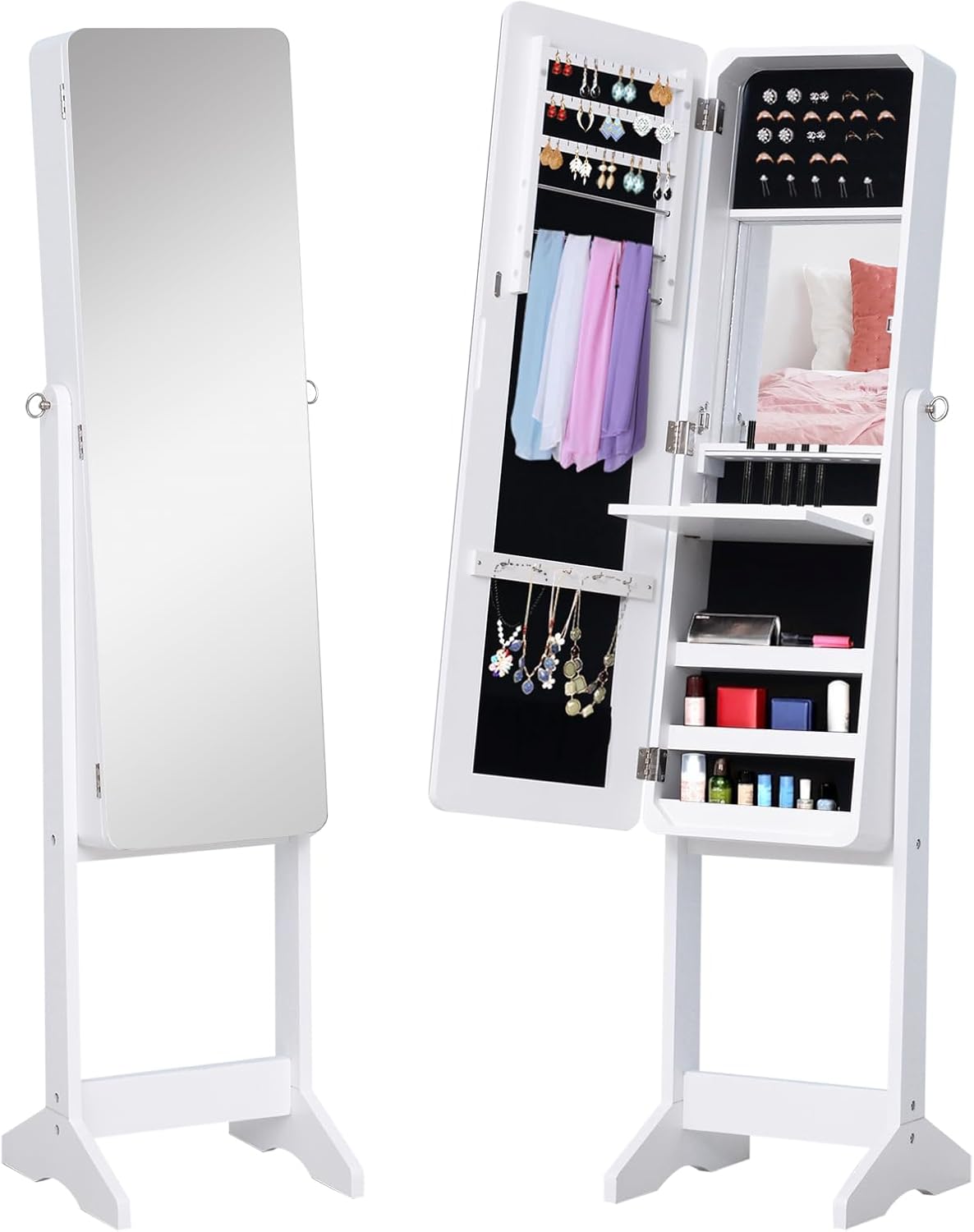 Detalle de HOMCOM joyero de pie con espejo y luces LED reclinable (30x36x146 cm) para anillos, pendientes y collares