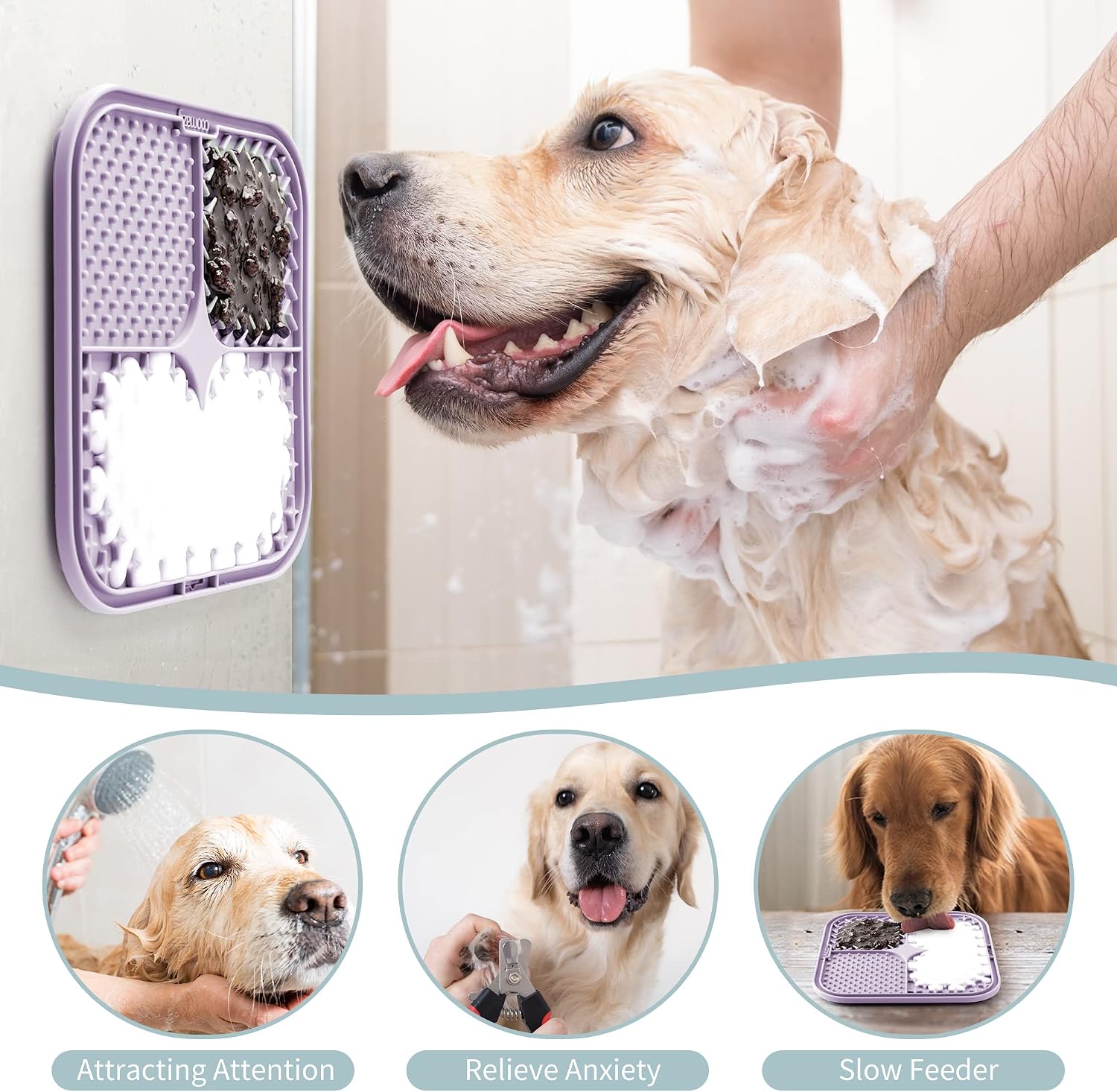 Detalle 2 de Coomazy Leckmatte Hund (2er-Set) mit Silikonspatel und Bürste – Slow Feeder für Baden, Fellpflege & mehr