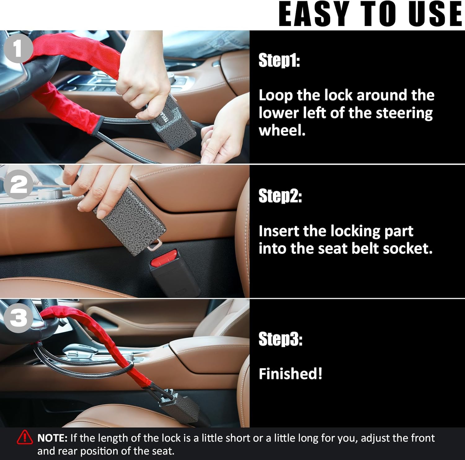 Thumbnail 5 de Tevlaphee Upgraded Steering Wheel Lock with Seat Belt Lock (Red, 3 Keys)