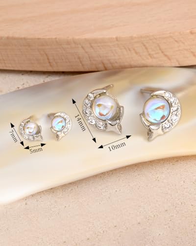 Detalle de Weviway Sterling Silver Moonstone Stud Earrings – Moon and Star Design