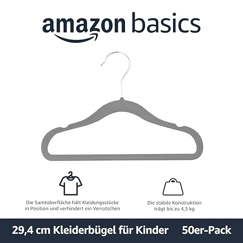 Detalle de Amazon Basics Kinder-Kleiderbügel aus Samt – rutschfeste, 29 cm, 50er-Pack (Grau)