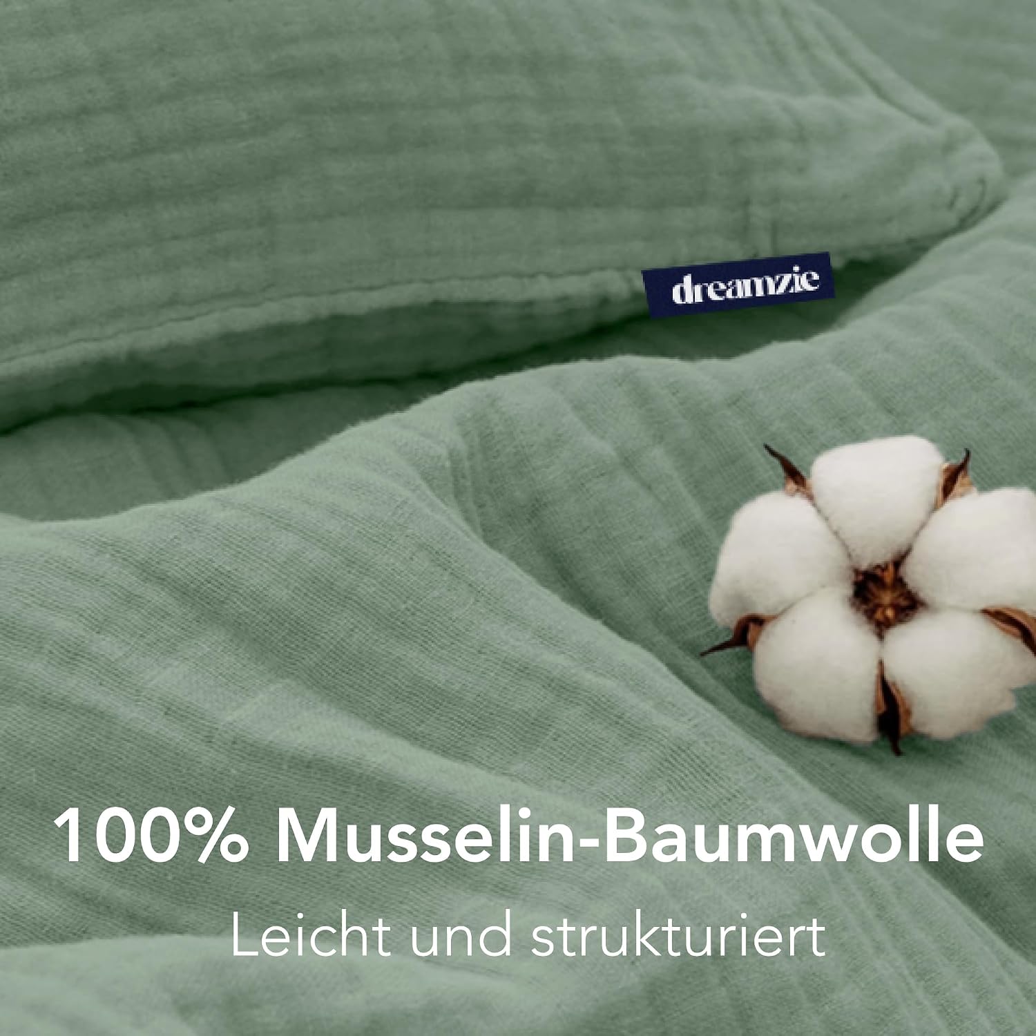 Detalle de Dreamzie Musselin Bettwäsche 220x240 cm aus 100% Baumwolle – Grün