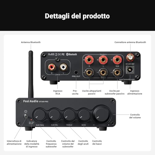 Thumbnail 6 de Fosi Audio BT30D Pro Mini Amplificatore Bluetooth 2.1 Canali con Subwoofer – Potenza e Sensibilità HiFi