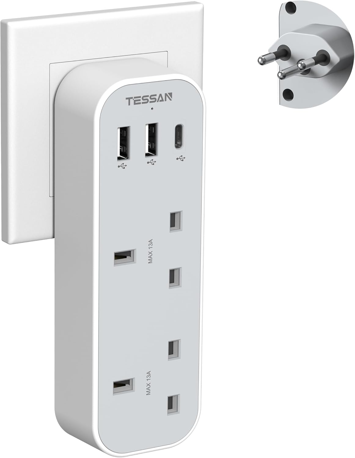 Imagen de TESSAN UK to European Plug Adapter with 3 USB (1 USB-C) – Type E/F Schuko Travel Adapter for EU & more en OfertitasTOP