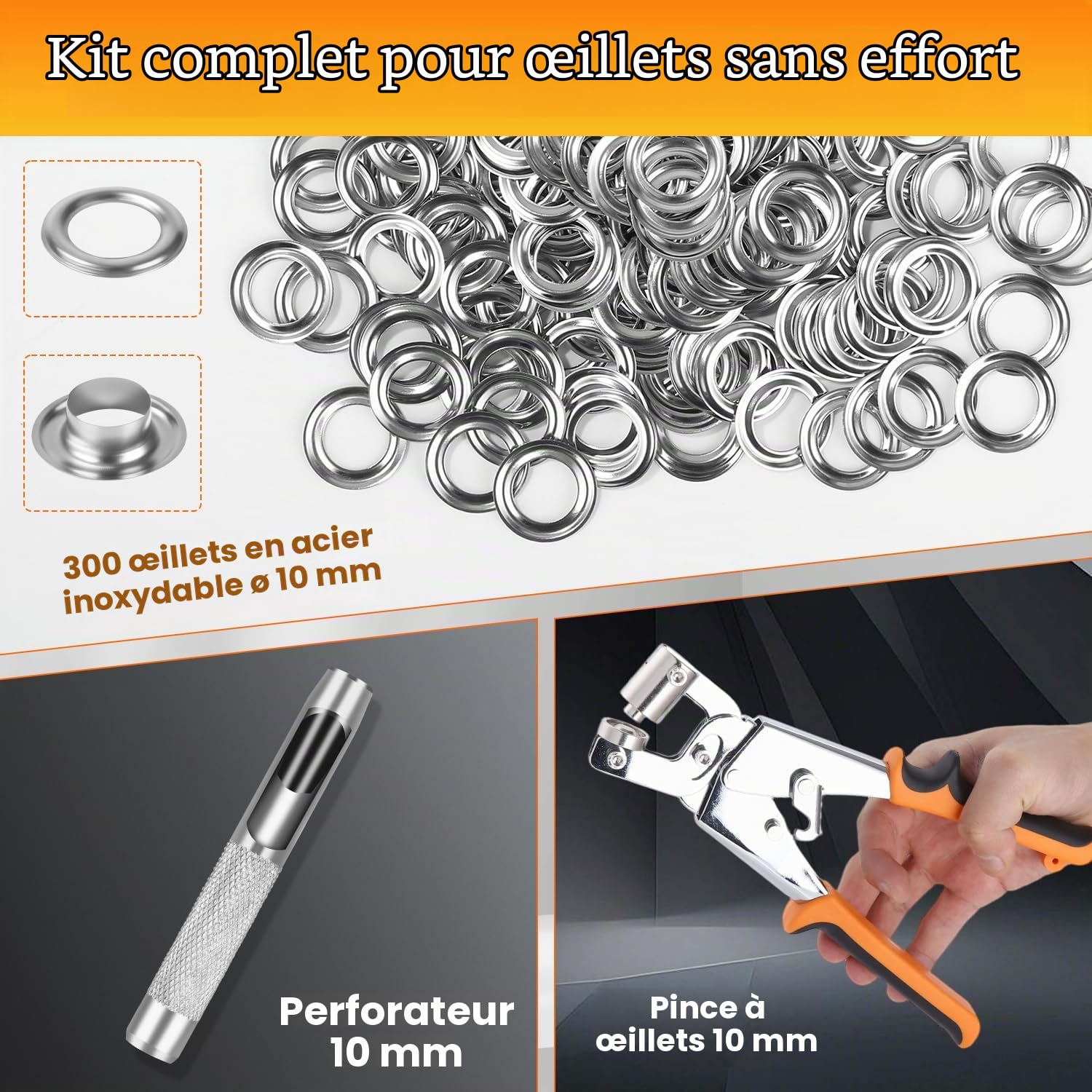 Detalle 2 de Yoxovo Oeillets pour baches oogtangset met 300 roestvrije ogen Ø 10 mm