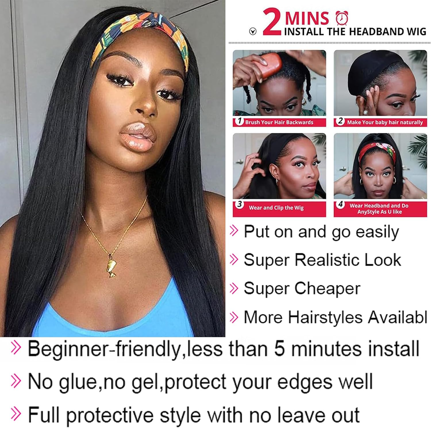 Thumbnail 3 de Perruque Bandeau cheveux humains 20 pouces Wear and Go