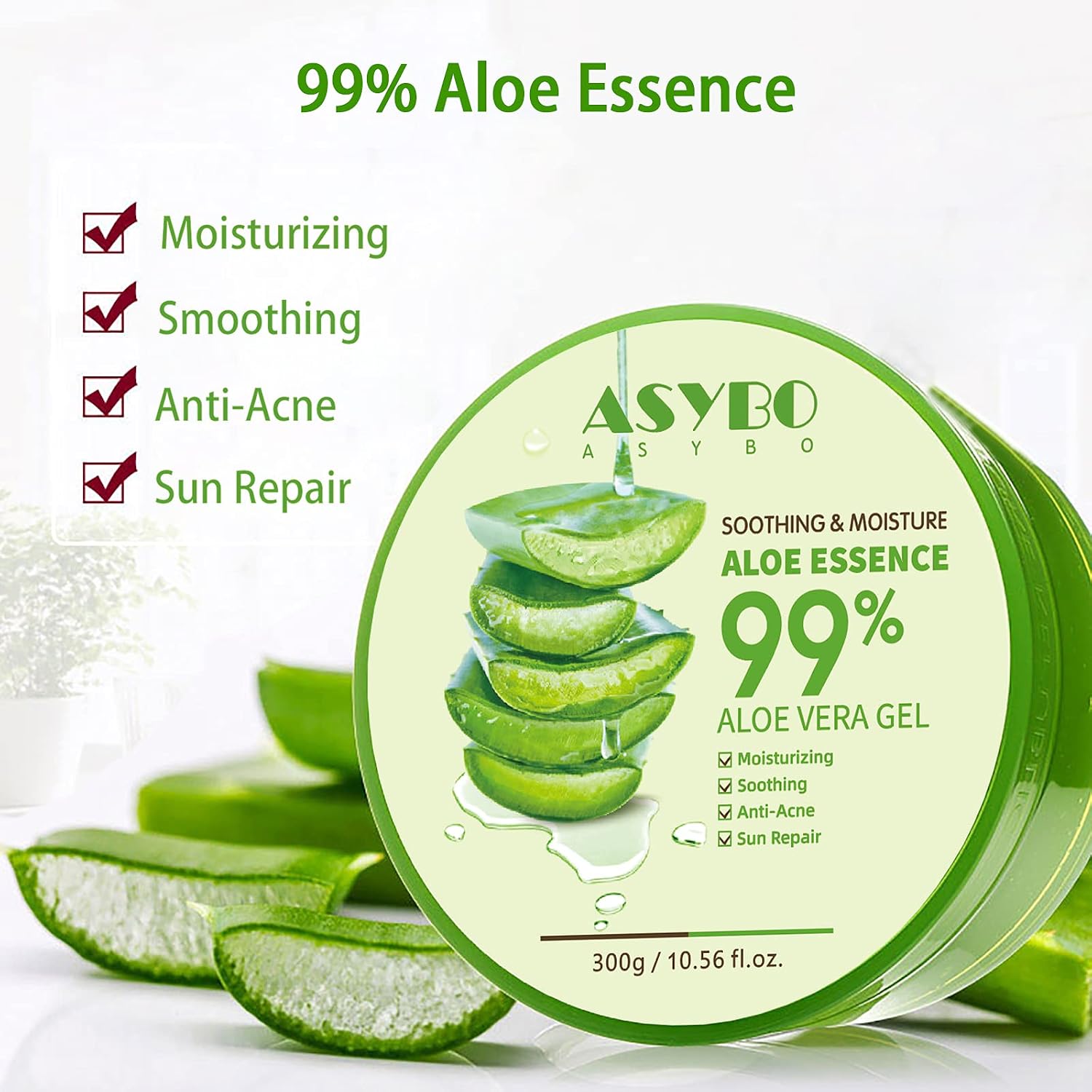 Detalle de ASYBO Aloe Vera Gel 300x2 ml – Natürliches Feuchtigkeitspflege-Gel für Haut, Haar und Narbenreparatur