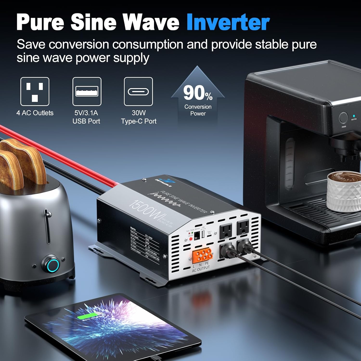 Thumbnail 2 de 1500W Pure Sine Wave Inverter 12V DC to 110V/120V AC with LCD Remote and 4 Outlets
