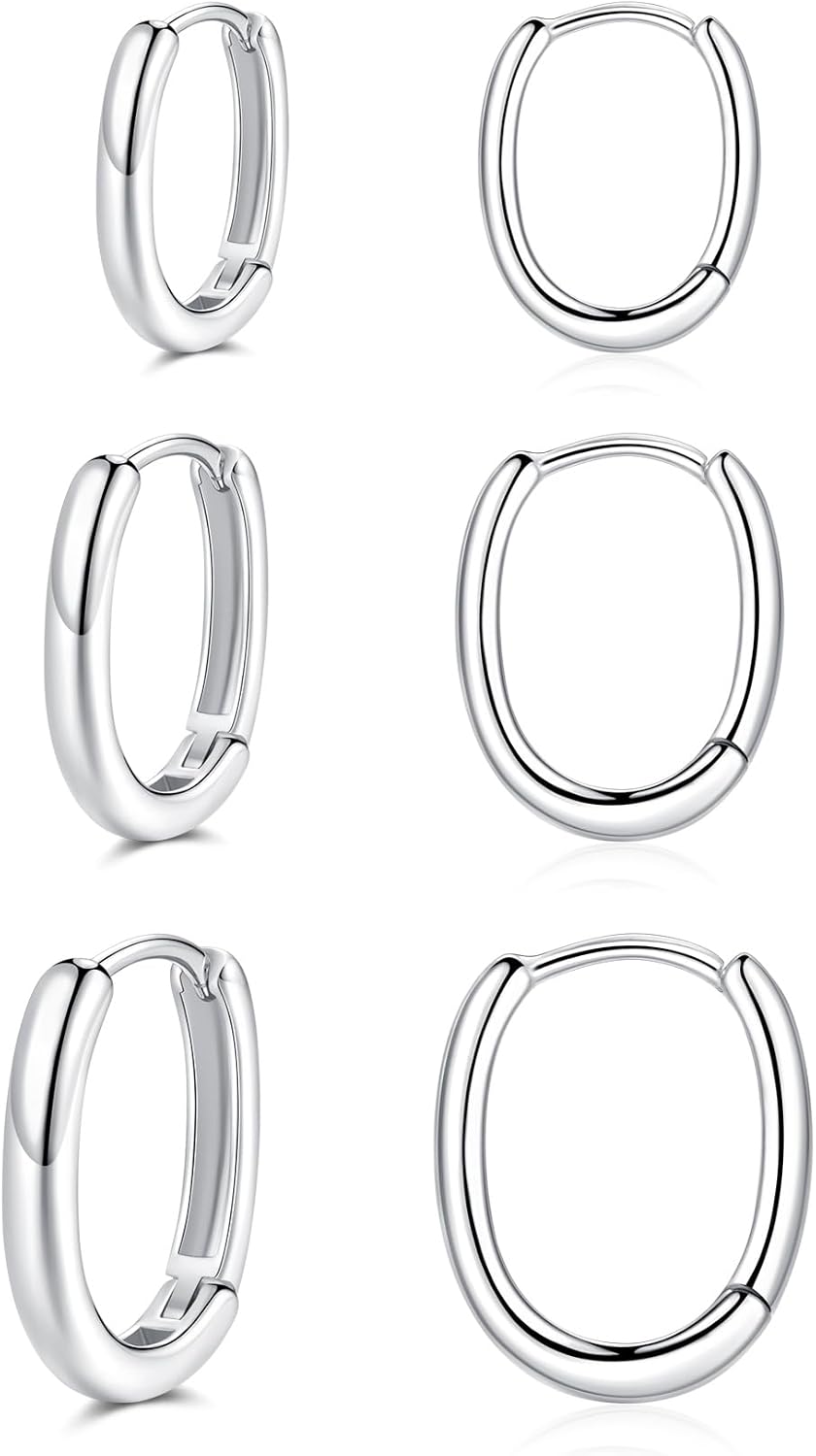 Detalle 2 de Cangall 925 Sterling Silver Oval Huggie Earrings 3 pairs