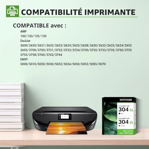 Detalle de Cartouche d'encre INFITONER 304 XL Noir et Couleur Pack pour HP 304XL – compatibles Envy et DeskJet