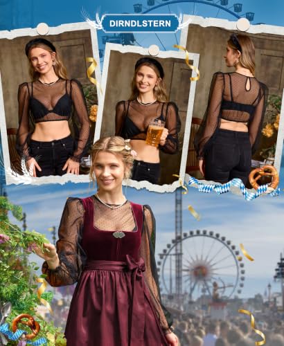 Detalle 2 de DIRNDLSTERN Dirndlbluse Langarm – transparente Punkte, Puffärmel, Oktoberfest