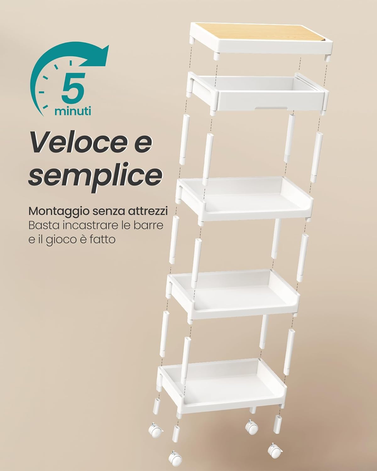 Detalle 2 de SONGMICS Carrello a 4 Ripiani BSC070W101: praticità su ruote per cucina, bagno e lavanderia