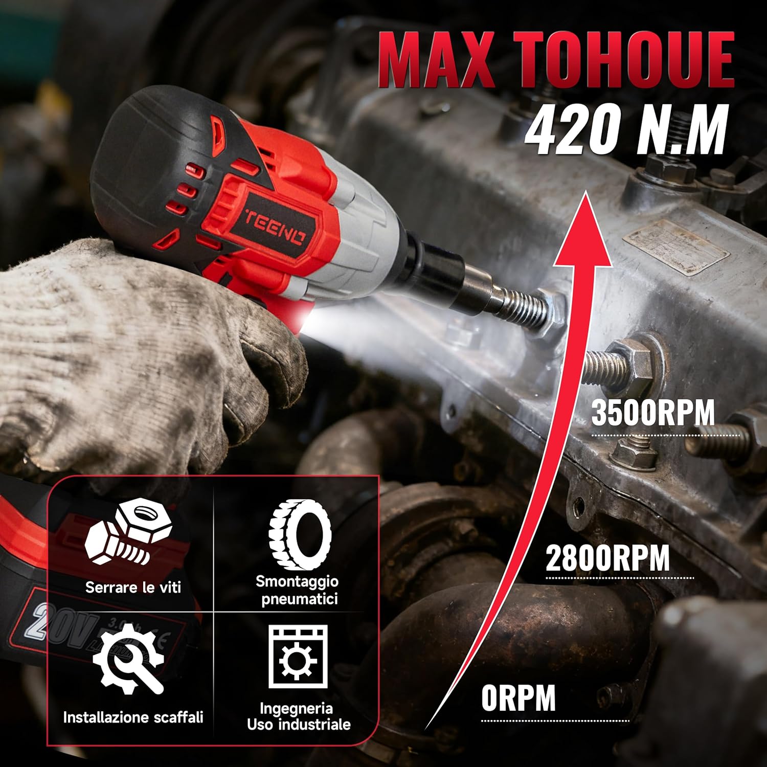 Thumbnail 2 de TEENO Brushless a percussione senza fili: bullonatrice a urto 320 Nm con batteria 3,0 Ah e 25 accessori