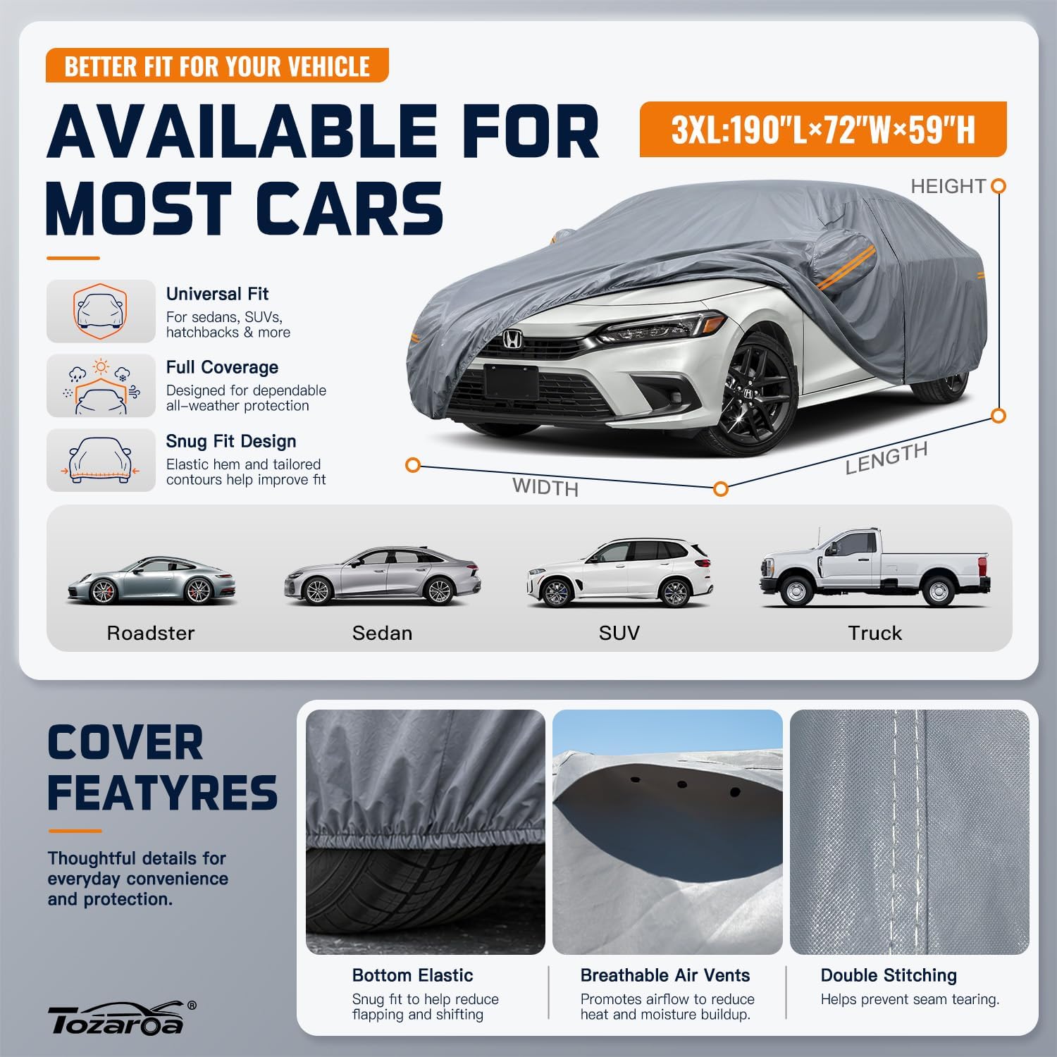 Thumbnail 2 de Tozaroa Car Cover Waterproof All-Weather, Size A2 (186-193 inches) Custom Fit for Sedans