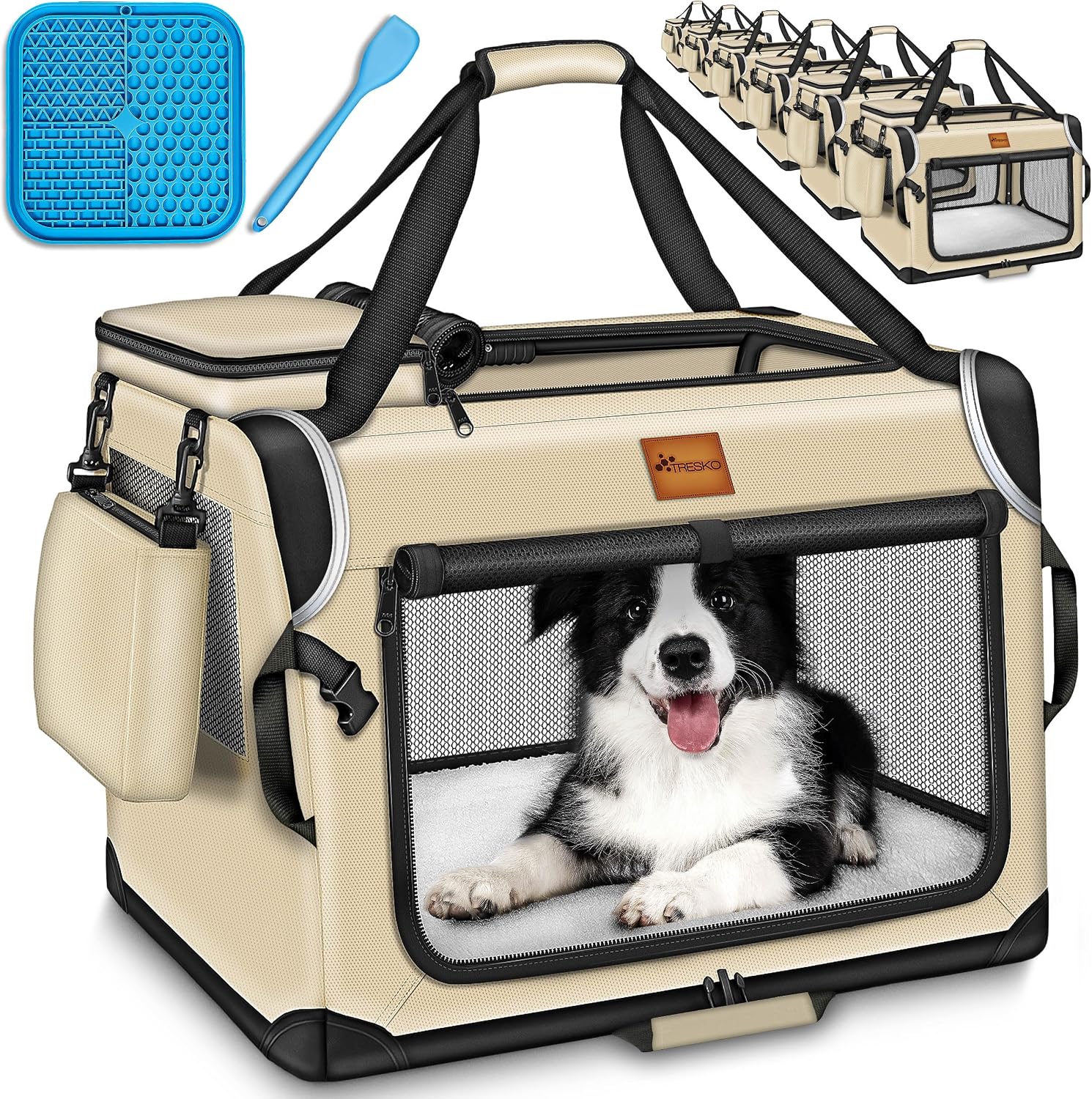 Detalle de TRESKO Box per cani pieghevole con tappetino per mangiare e spatola, trasportino robusto beige (M)