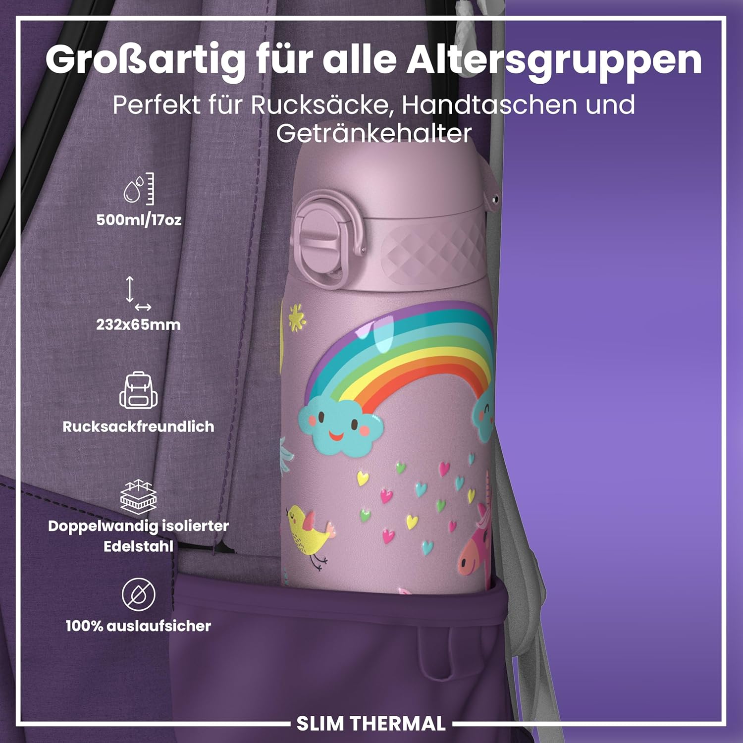 Thumbnail 1 de ion8 Vakuumisolierte Edelstahl-Trinkflasche 500 ml – Auslaufsicher, Einhandöffnung, Einhorn Design